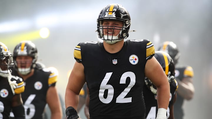 Nov 17, 2024; Pittsburgh, Pennsylvania, USA;  Pittsburgh Steelers center Ryan McCollum (62) takes the field against  the Baltimore Ravens at Acrisure Stadium. Mandatory Credit: Charles LeClaire-Imagn Images