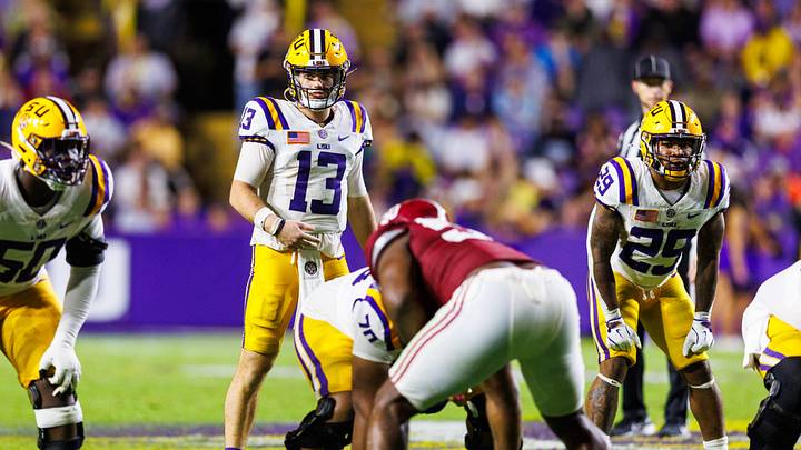 Garrett Nussmeier looks over the defense before a play against Alabama in 2024 Garrett Nussmeier looks over the defense before a play against Alabama in 2024