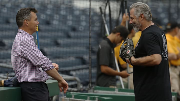 Aug 11, 2021; Pittsburgh, Pennsylvania, USA; Pittsburgh Pirates general manager Ben Cherington (left) talks with manager Derek Shelton (right) during batting practice before the game against the St. Louis Cardinals at PNC Park. Mandatory Credit: Charles LeClaire-Imagn Images