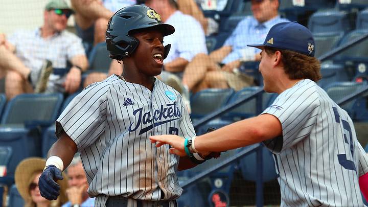 May 31, 2025; Oxford, MS, USA; Georgia Tech Yellowjackets catcher Vahn Lackey (25) reacts after scoring during the first inning against the Murray State Racers. Mandatory Credit: Petre Thomas-Imagn Images May 31, 2025; Oxford, MS, USA; Georgia Tech Yellowjackets catcher Vahn Lackey (25) reacts after scoring during the first inning against the Murray State Racers. Mandatory Credit: Petre Thomas-Imagn Images