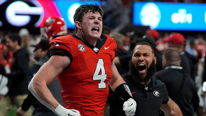 Georgia tight end Oscar Delp (4) celebrates after Georgia won Georgia tight end Oscar Delp (4) celebrates after Georgia won