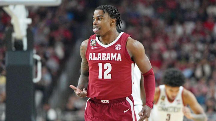 Apr 6, 2024; Glendale, AZ, USA; Alabama Crimson Tide guard Latrell Wrightsell Jr. (12) reacts after Apr 6, 2024; Glendale, AZ, USA; Alabama Crimson Tide guard Latrell Wrightsell Jr. (12) reacts after