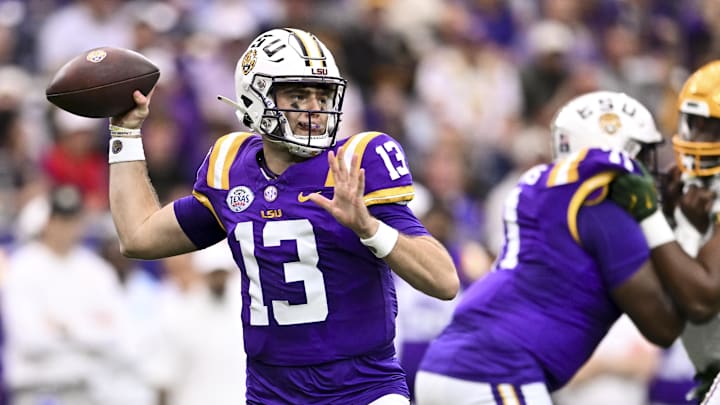 Dec 31, 2024; Houston, TX, USA; LSU Tigers quarterback Garrett Nussmeier (13) throws a pass during the first half against the Baylor Bears at NRG Stadium. The Tigers defeat the Bears 44-31. Mandatory Credit: Maria Lysaker-Imagn Images Dec 31, 2024; Houston, TX, USA; LSU Tigers quarterback Garrett Nussmeier (13) throws a pass during the first half against the Baylor Bears at NRG Stadium. The Tigers defeat the Bears 44-31. Mandatory Credit: Maria Lysaker-Imagn Images