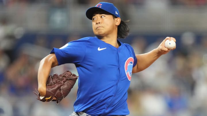 Aug 24, 2024; Miami, Florida, USA;  Chicago Cubs starting pitcher Shota Imanaga (18) pitches against the Miami Marlins in the first inning at loanDepot Park.