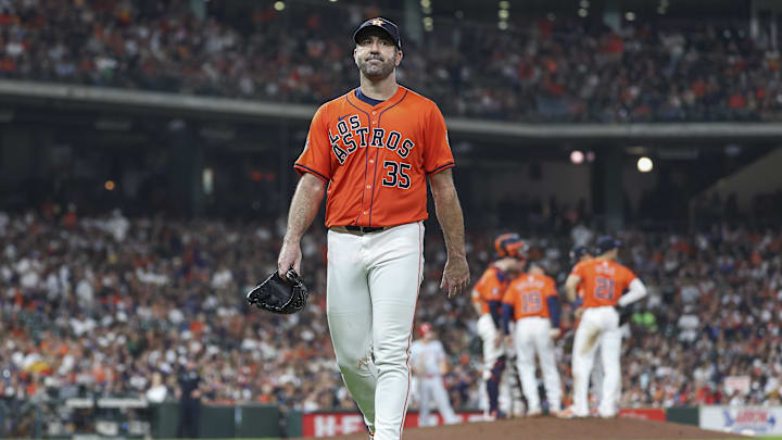 Sep 20, 2024; Houston, Texas, USA; Houston Astros starting pitcher Justin Verlander (35) walks off the field after a pitching change in the fifth inning against the Los Angeles Angels at Minute Maid Park. Mandatory Credit: Troy Taormina-Imagn Images