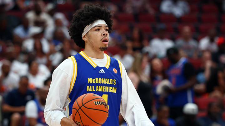 Mar 31, 2026; Glendale, AZ, USA; Tyran Stokes (4) during the McDonalds All American Boys Game at Desert Diamond Arena. Mandatory Credit: Mark J. Rebilas-Imagn Images
