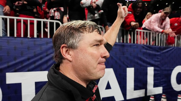 Georgia coach Kirby Smart celebrates after the winning the SEC championship game against Texas in Atlanta, on Saturday, Dec. 7, 2024. Georgia won 22-19.