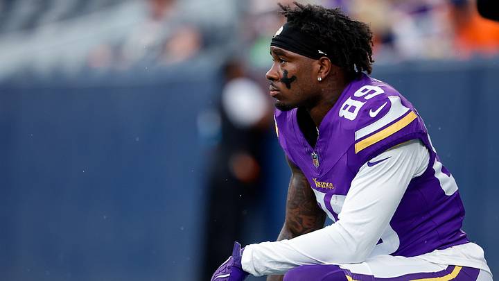 Aug 28, 2026; Denver, Colorado, USA; Minnesota Vikings wide receiver Dillon Bell (89) before the game against the Denver Broncos at Empower Field at Mile High. Mandatory Credit: Isaiah J. Downing-Imagn Images
