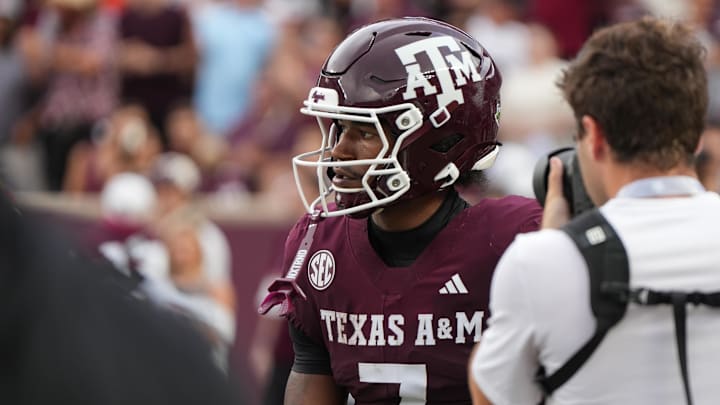 Aug 30, 2025; College Station, Texas, USA; Texas A&M Aggies wide receiver KC Concepcion (7) after returning a punt for a touchdown in the first quarter against the UTSA Roadrunners at Kyle Field. Mandatory Credit: Sean Thomas-Imagn Images