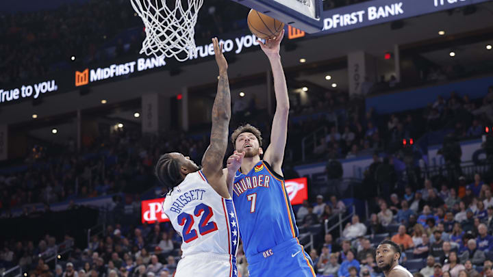 Mar 19, 2025; Oklahoma City, Oklahoma, USA; Oklahoma City Thunder forward Chet Holmgren (7) goes up for a basket as Philadelphia 76ers forward Oshae Brissett (22) defends during the second half at Paycom Center. Mandatory Credit: Alonzo Adams-Imagn Images Mar 19, 2025; Oklahoma City, Oklahoma, USA; Oklahoma City Thunder forward Chet Holmgren (7) goes up for a basket as Philadelphia 76ers forward Oshae Brissett (22) defends during the second half at Paycom Center. Mandatory Credit: Alonzo Adams-Imagn Images