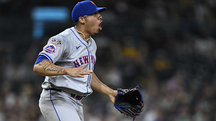 Aug 24, 2024; San Diego, California, USA; New York Mets relief pitcher Dedniel Nunez (72) celebrates on the field after defeating the San Diego Padres at Petco Park. Mandatory Credit: Orlando Ramirez-Imagn Images