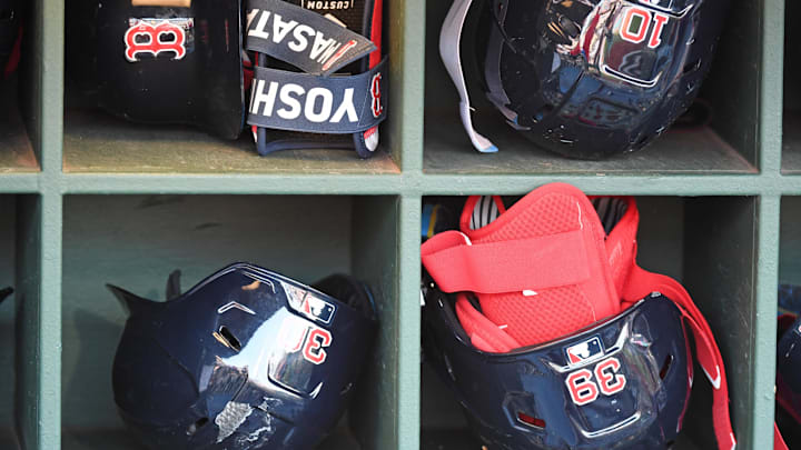Jul 21, 2025; Philadelphia, Pennsylvania, USA; Boston Red Sox batting helmets in the dugout against the Philadelphia Phillies at Citizens Bank Park. Mandatory Credit: Eric Hartline-Imagn Images Jul 21, 2025; Philadelphia, Pennsylvania, USA; Boston Red Sox batting helmets in the dugout against the Philadelphia Phillies at Citizens Bank Park. Mandatory Credit: Eric Hartline-Imagn Images