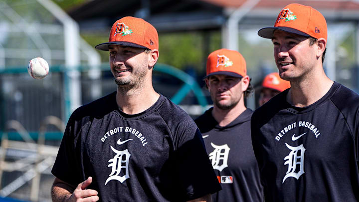 Detroit Tigers pitcher Burch Smith, left, and pitcher Drew Anderson, right, watch practice during spring training at TigerTown in Lakeland, Fla. on Friday, Feb. 20, 2026. Detroit Tigers pitcher Burch Smith, left, and pitcher Drew Anderson, right, watch practice during spring training at TigerTown in Lakeland, Fla. on Friday, Feb. 20, 2026.