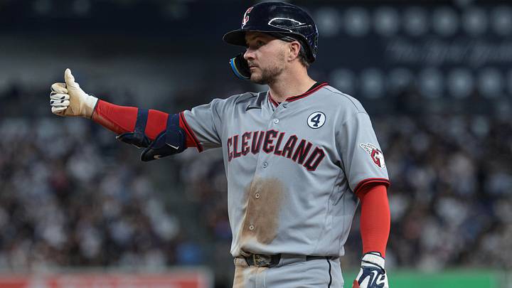 Jun 2, 2026: Cleveland Guardians catcher Patrick Bailey (16) reacts during the fifth inning against the New York Yankees at Yankee Stadium. 