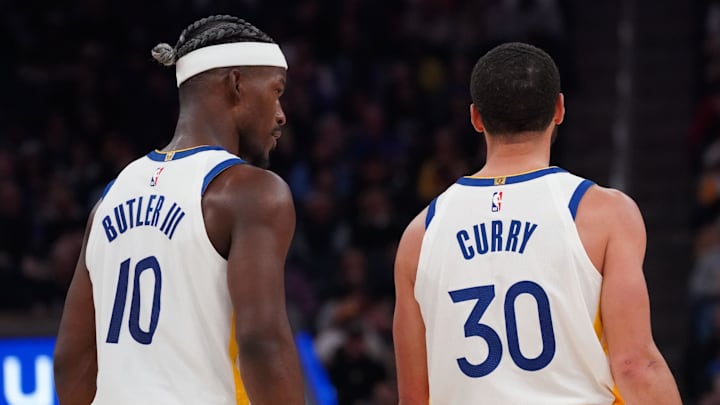Mar 8, 2025; San Francisco, California, USA; Golden State Warriors forward Jimmy Butler III (10) talks with guard Stephen Curry (30) during a game against the Detroit Pistons in the second quarter at Chase Center. Mandatory Credit: David Gonzales-Imagn Images Mar 8, 2025; San Francisco, California, USA; Golden State Warriors forward Jimmy Butler III (10) talks with guard Stephen Curry (30) during a game against the Detroit Pistons in the second quarter at Chase Center. Mandatory Credit: David Gonzales-Imagn Images