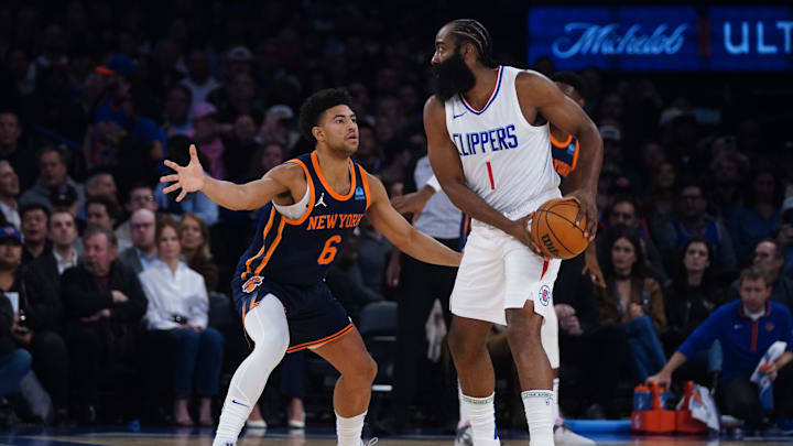 Nov 6, 2023; New York, New York, USA; New York Knicks shooting guard Quentin Grimes (6) defends against Los Angeles Clipper shooting guard James Harden (1) during the first half at Madison Square Garden. Mandatory Credit: Gregory Fisher-Imagn Images Nov 6, 2023; New York, New York, USA; New York Knicks shooting guard Quentin Grimes (6) defends against Los Angeles Clipper shooting guard James Harden (1) during the first half at Madison Square Garden. Mandatory Credit: Gregory Fisher-Imagn Images