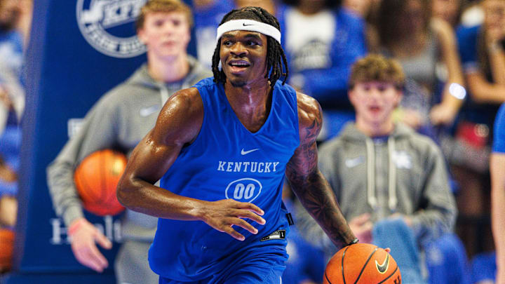 Oct 11, 2024; Lexington, KY, USA; Kentucky Wildcats guard Otega Oweh (0) brings the ball up the court during Big Blue Madness at Rupp Arena at Central Bank Center. Mandatory Credit: Jordan Prather-Imagn Images