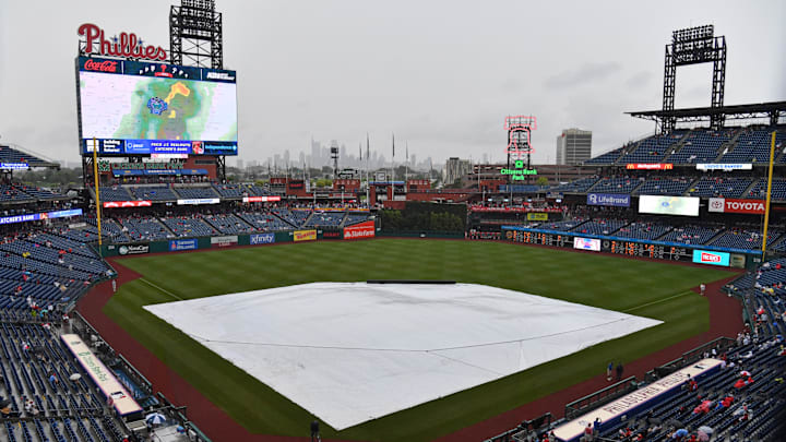 Jul 16, 2023; Philadelphia, Pennsylvania, USA;  A general view of Citizens Bank Park during a rain delay between Philadelphia Phillies and San Diego Padres. Mandatory Credit: Eric Hartline-Imagn Images