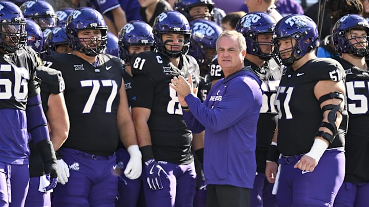 Nov 29, 2025; Fort Worth, Texas, USA; TCU Horned Frogs head coach Sonny Dykes looks on with his team before the game against the Cincinnati Bearcats at Amon G. Carter Stadium. Mandatory Credit: Jerome Miron-Imagn Images Nov 29, 2025; Fort Worth, Texas, USA; TCU Horned Frogs head coach Sonny Dykes looks on with his team before the game against the Cincinnati Bearcats at Amon G. Carter Stadium. Mandatory Credit: Jerome Miron-Imagn Images