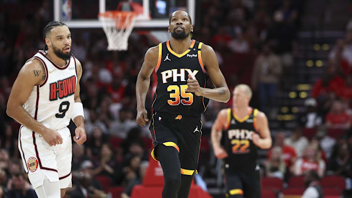 Mar 12, 2025; Houston, Texas, USA; Phoenix Suns forward Kevin Durant (35) looks up after a play during the first quarter against the Houston Rockets at Toyota Center. Mandatory Credit: Troy Taormina-Imagn Images