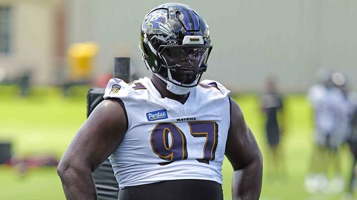 Jul 29, 2026; Owings Mills, MD, USA; Baltimore Ravens lineman C.J. Okoye (97) works on drills during practice at the Under Armour Performance Center. Mandatory Credit: Mitch Stringer-Imagn Images Jul 29, 2026; Owings Mills, MD, USA; Baltimore Ravens lineman C.J. Okoye (97) works on drills during practice at the Under Armour Performance Center. Mandatory Credit: Mitch Stringer-Imagn Images