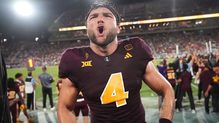 Arizona State running back Cam Skattebo (4) celebrates during the final seconds of a 35-31 win against the Kansas Jayhawks at Mountain America Stadium on Oct. 5, 2024.