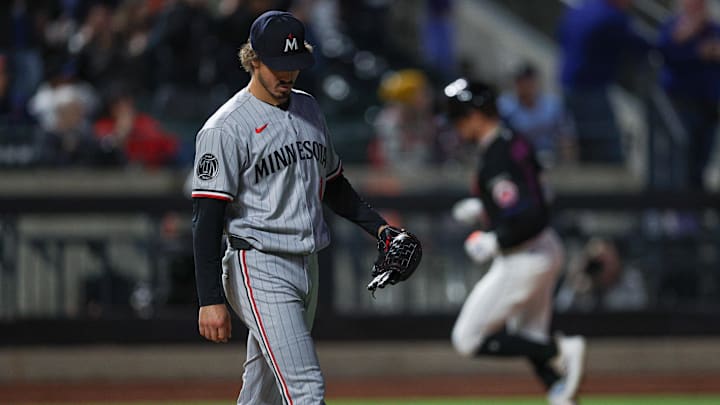 Apr 23, 2026; New York City, New York, USA;  Minnesota Twins pitcher Joe Ryan (41) reacts after allowing a solo home run to New York Mets outfielder Carson Benge (3) during the fourth inning at Citi Field. Mandatory Credit: Vincent Carchietta-Imagn Images