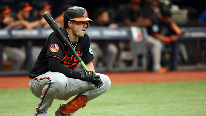 Aug 11, 2024; St. Petersburg, Florida, USA; Baltimore Orioles first base Ryan Mountcastle (6) looks on while on deck to bat against the Tampa Bay Rays during the first inning at Tropicana Field. Aug 11, 2024; St. Petersburg, Florida, USA; Baltimore Orioles first base Ryan Mountcastle (6) looks on while on deck to bat against the Tampa Bay Rays during the first inning at Tropicana Field.