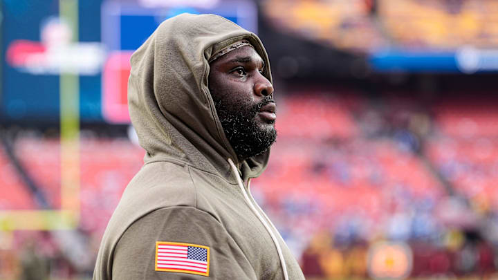 Detroit Lions defensive tackle DJ Reader (98) warms up ahead of the Washington Commanders game at Northwest Stadium in Landover, Md. on Sunday, November 9, 2025.