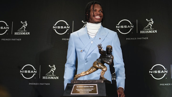 Dec 14, 2024; New York, NY, USA; Colorado Buffaloes wide receiver/cornerback Travis Hunter poses for a photo during a press conference before the 2024 Heisman Trophy Presentation. Mandatory Credit: Lucas Boland-Imagn Images