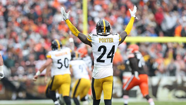 Dec 28, 2025; Cleveland, Ohio, USA; Pittsburgh Steelers cornerback Joey Porter Jr. (24) reacts in the second quarter against the Cleveland Browns at Huntington Bank Field. Mandatory Credit: Scott Galvin-Imagn Images Dec 28, 2025; Cleveland, Ohio, USA; Pittsburgh Steelers cornerback Joey Porter Jr. (24) reacts in the second quarter against the Cleveland Browns at Huntington Bank Field. Mandatory Credit: Scott Galvin-Imagn Images