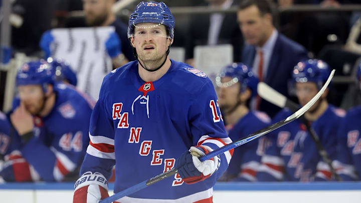 Jan 5, 2026; New York, New York, USA; New York Rangers left wing Alexis Lafreniere (13) skates against the Utah Mammoth during the second period at Madison Square Garden. Mandatory Credit: Brad Penner-Imagn Images