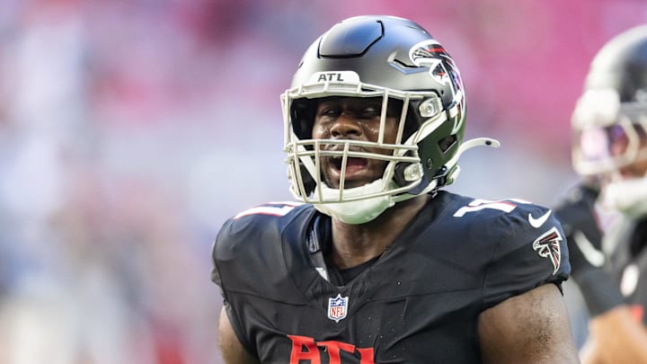 Dec 21, 2025; Glendale, Arizona, USA; Atlanta Falcons linebacker Jalon Walker (11) against the Arizona Cardinals at State Farm Stadium. Mandatory Credit: Mark J. Rebilas-Imagn Images