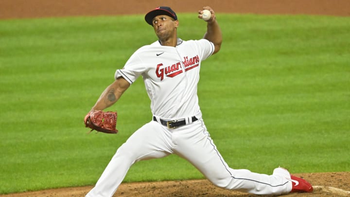 Jun 7, 2022; Cleveland, Ohio, USA; Cleveland Guardians relief pitcher Anthony Gose (26) delivers a pitch in the eighth inning against the Texas Rangers at Progressive Field. Mandatory Credit: David Richard-Imagn Images