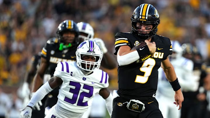 Missouri Tigers quarterback Beau Pribula (9) rushes for a big gain, in a game versus the Central Arkansas Bears this season.