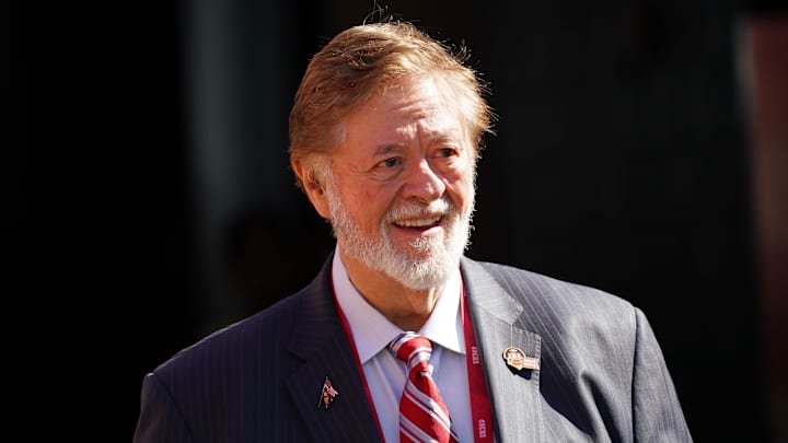 Sep 9, 2024; Santa Clara, California, USA;  San Francisco 49ers owner John York enters the field before a game against the New York Jets at Levi's Stadium. Mandatory Credit: David Gonzales-Imagn Images