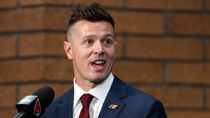 Feb 3, 2026; Tempe, AZ, USA; Arizona Cardinals head coach Mike LaFleur speaks to the media at the introductory press conference at the Cardinals training facility. Mandatory Credit: Mark J. Rebilas-Imagn Images