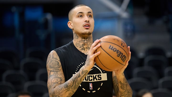 Jan 7, 2026; San Francisco, California, USA; Milwaukee Bucks forward Kyle Kuzma (18) warms up before the game against the Golden State Warriors at Chase Center. 
