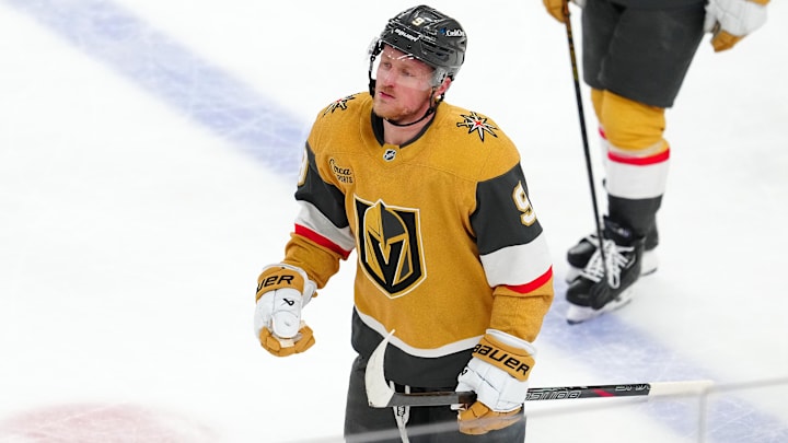 Mar 22, 2025; Las Vegas, Nevada, USA; Vegas Golden Knights center Jack Eichel (9) celebrates after scoring an empty net goal against the Detroit Red Wings during the third period at T-Mobile Arena. Mandatory Credit: Stephen R. Sylvanie-Imagn Images Mar 22, 2025; Las Vegas, Nevada, USA; Vegas Golden Knights center Jack Eichel (9) celebrates after scoring an empty net goal against the Detroit Red Wings during the third period at T-Mobile Arena. Mandatory Credit: Stephen R. Sylvanie-Imagn Images