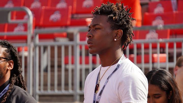 Sept. 21, 2024; Columbus, Ohio, USA; Warren G. Harding athlete Chaz Coleman watches warm-ups before Ohio State's game against the Marshall University Thundering Herd at Ohio Stadium.