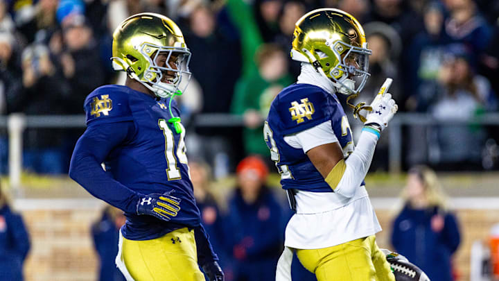 Nov 22, 2025; South Bend, Indiana, USA; Notre Dame Fighting Irish safety Ethan Long, right, celebrates an interception that was called back along side cornerback Dallas Golden, left, during the second half at Notre Dame Stadium. Mandatory Credit: Michael Caterina-Imagn Images Nov 22, 2025; South Bend, Indiana, USA; Notre Dame Fighting Irish safety Ethan Long, right, celebrates an interception that was called back along side cornerback Dallas Golden, left, during the second half at Notre Dame Stadium. Mandatory Credit: Michael Caterina-Imagn Images
