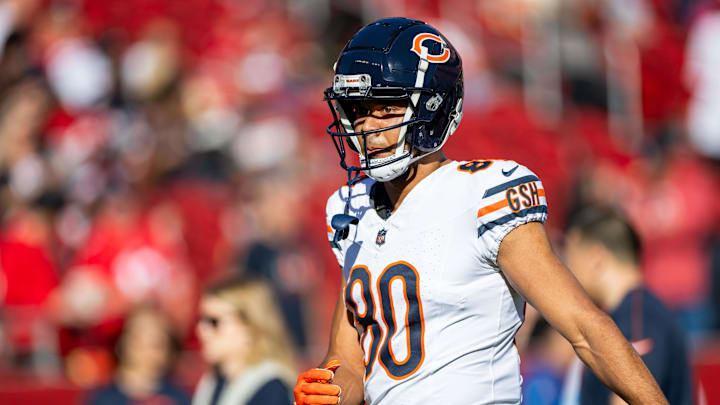 Dec 8, 2024; Santa Clara, California, USA; Chicago Bears wide receiver Collin Johnson (80) warms up before the game against the San Francisco 49ers at Levi's Stadium. Mandatory Credit: Bob Kupbens-Imagn Images Dec 8, 2024; Santa Clara, California, USA; Chicago Bears wide receiver Collin Johnson (80) warms up before the game against the San Francisco 49ers at Levi's Stadium. Mandatory Credit: Bob Kupbens-Imagn Images