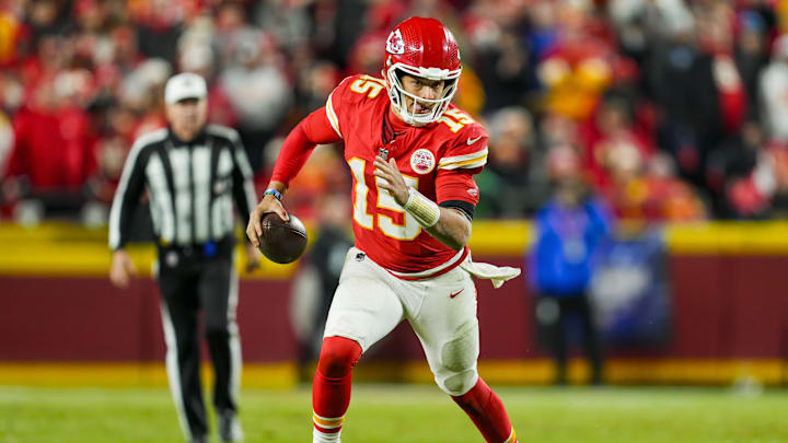 Dec 8, 2024; Kansas City, Missouri, USA; Kansas City Chiefs quarterback Patrick Mahomes (15) runs the ball during the second half against the Los Angeles Chargers at GEHA Field at Arrowhead Stadium. Mandatory Credit: Jay Biggerstaff-Imagn Images