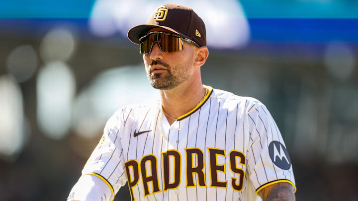 Mar 26, 2026; San Diego, California, USA; San Diego Padres first baseman Nick Castellanos (21) comes off the field during the ninth inning against the Detroit Tigers at Petco Park. Mandatory Credit: David Frerker-Imagn Images