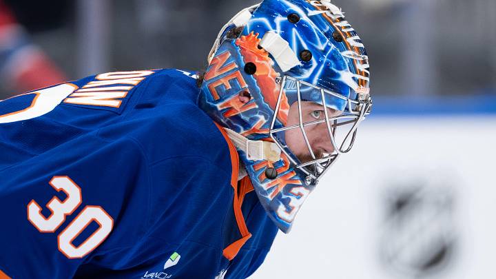 Apr 12, 2026; Elmont, New York, USA; New York Islanders goaltender Ilya Sorokin (30) during the first period against the Montréal Canadiens at UBS Arena. Mandatory Credit: Alexander Wohl-Imagn Images