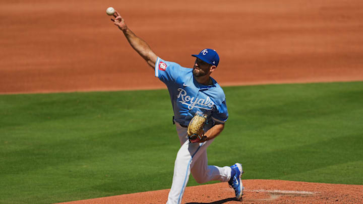 Sep 8, 2024; Kansas City, Missouri, USA; Kansas City Royals starting pitcher Michael Wacha (52) pitches during the third inning against the Minnesota Twins at Kauffman Stadium. Mandatory Credit: Jay Biggerstaff-Imagn Images