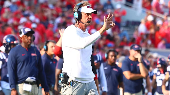 Sep 20, 2025; Oxford, Mississippi, USA; Mississippi Rebels head coach Lane Kiffin reacts during the fourth quarter against the Tulane Green Wave at Vaught-Hemingway Stadium. Mandatory Credit: Petre Thomas-Imagn Images