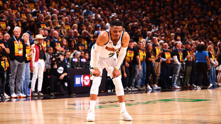 Denver Nuggets guard Russell Westbrook stands on the court during a playoff game vs. the Oklahoma City Thunder.