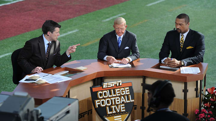Rece Davis, Lou Holtz and Mark May (left to right) formed a deep bench during ESPN’s golden age of college football coverage.