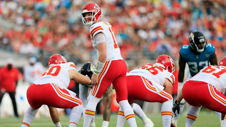 Kansas City Chiefs quarterback Carson Wentz (11) calls a play during the first quarter of a preseason NFL football game Saturday, Aug. 10, 2024 at EverBank Stadium in Jacksonville, Fla. [Corey Perrine/Florida Times-Union]